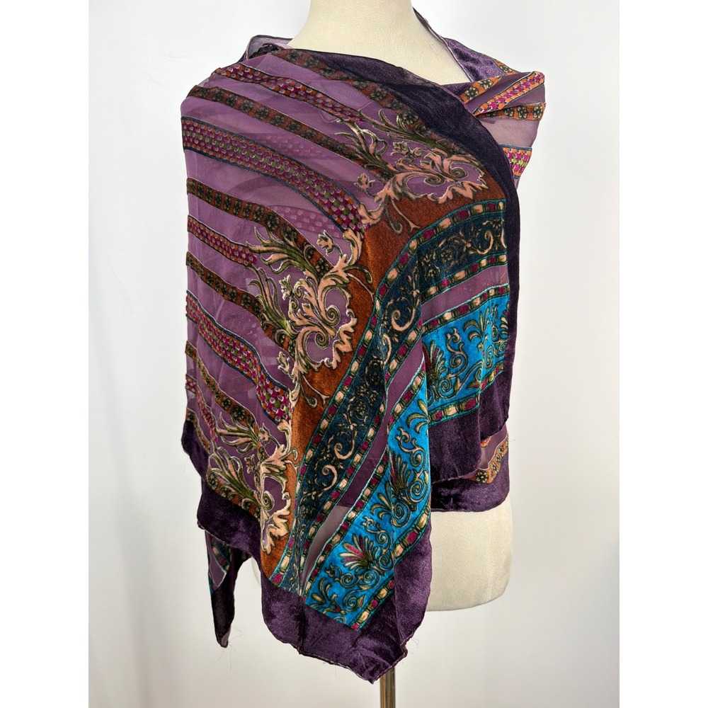 Silk Blend Velvet Burnout Purple Paisley  Striped Wrap Scarf Whimsigoth Witchy